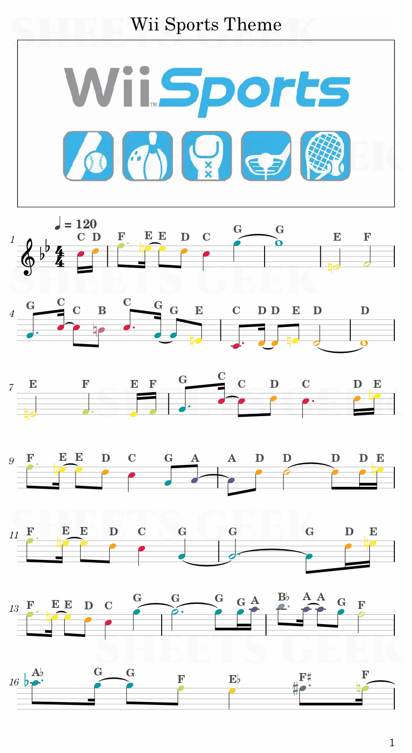 Wii Sports Theme Easy Sheet Music Free for piano, keyboard, flute, violin, sax, cello page 1