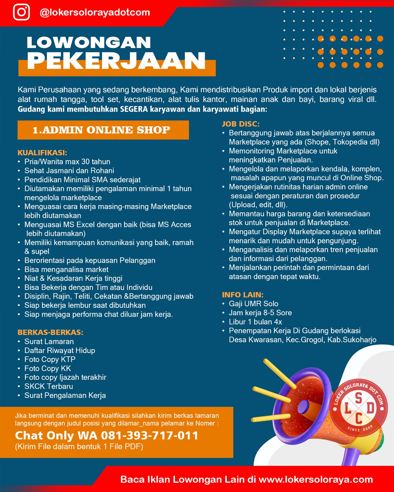 Loker Sukoharjo di Perusahaan Impor & Lokal Alat Rumah Tangga, Kecantikan, dll