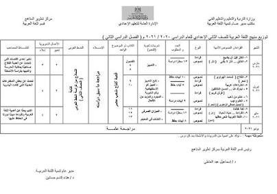 توزيع منهج اللغة العربية تانية اعدادي الترم الثاني 2021