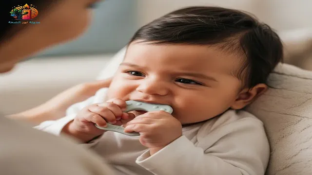 طفل صغير يمر بمرحلة التسنين ويمسك عضاضة مريحة.