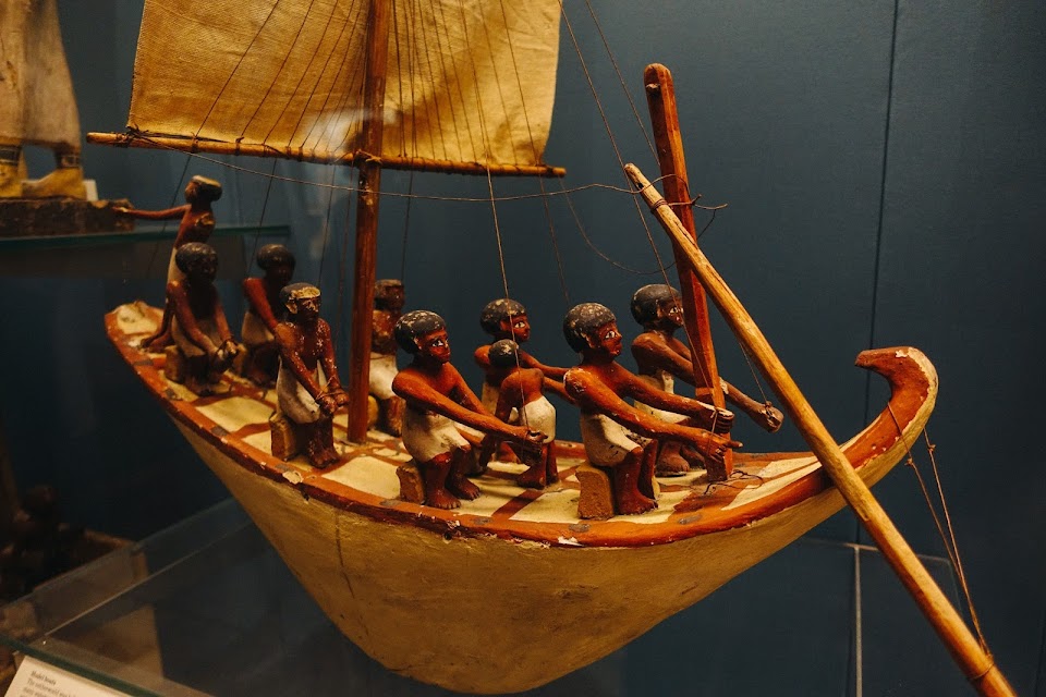 Painted wooden model of a boat