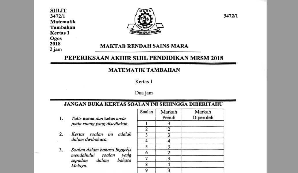 Soalan Percubaan SPM 2018 Matematik Tambahan MRSM 