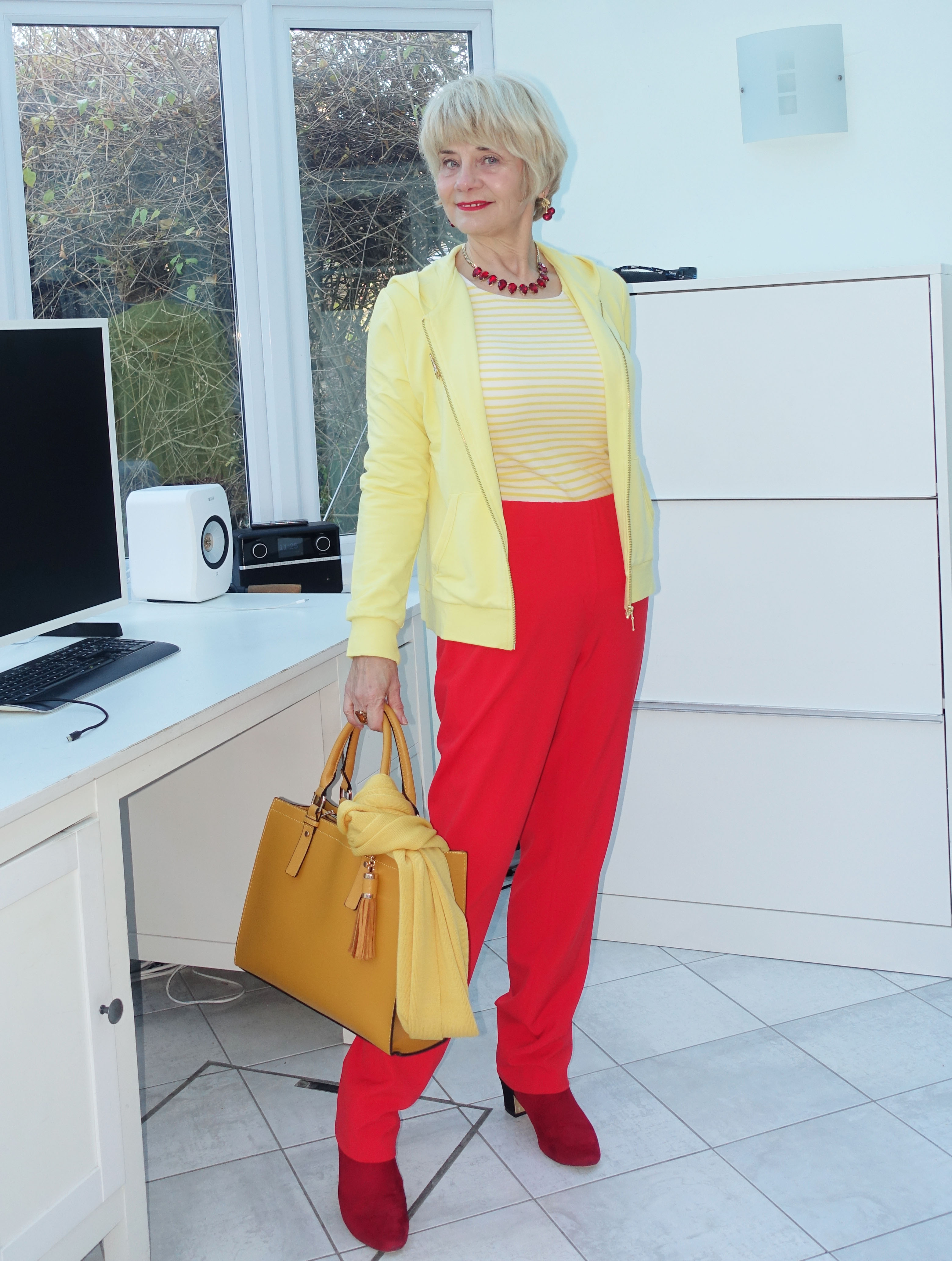 Yellow and red is a bright January combination from over-60s blogger Gail Hanlon  of Is This Mutton