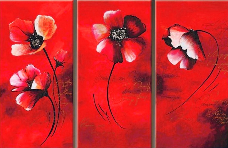 Cuadro Triptico 60x40 Flores Rojas pintado