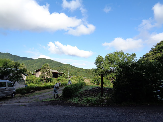 カントリーパークの前の道で除草作業をする人