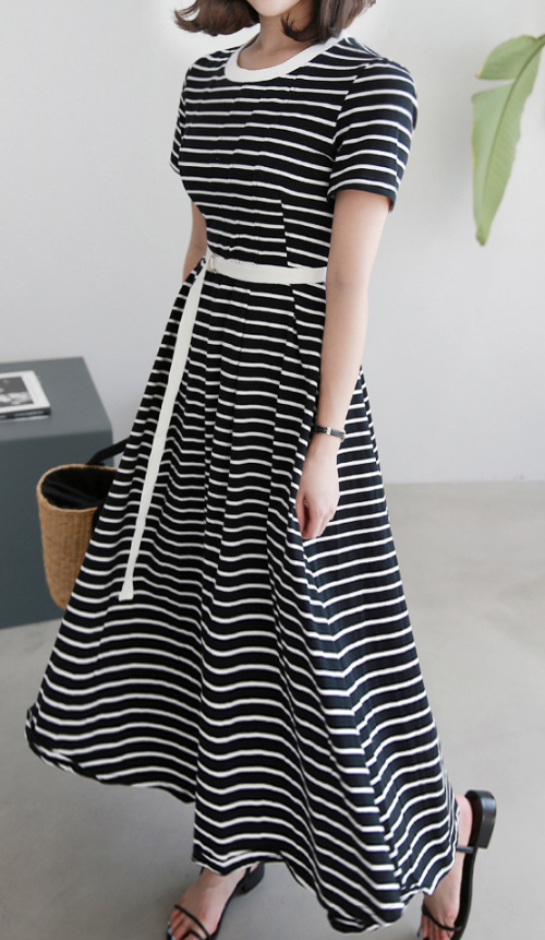  Striped Belted Midaxi Dress