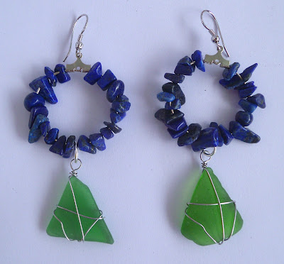 Handmade lapis lazuli and green seaglass hoop earrings