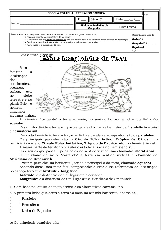 Atividades Sobre Linhas Imaginárias da Terra 5 Ano.