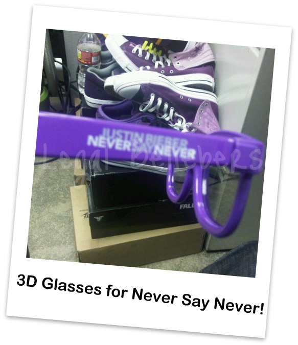  3D glasses that will be available to use during his film Never Say Never 