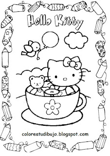 Hello Kitty en taza con amigos para colorear