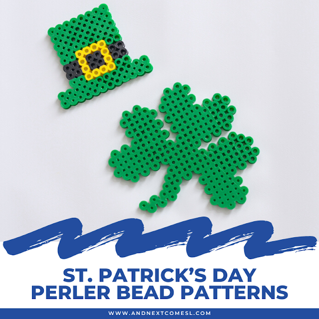 Perler bead patterns for St. Patrick's Day, including a shamrock perler bead pattern