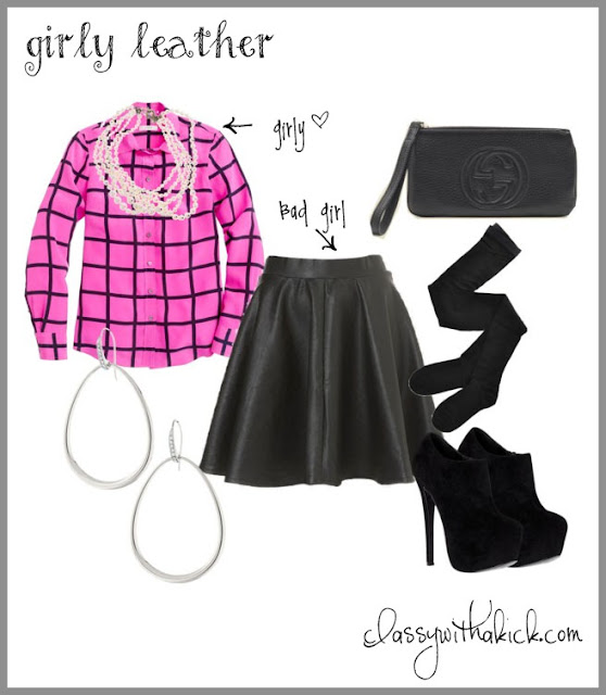 girly leather - silk shirt & leather skirt