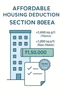 Apartment with ruler icons showing ≤ 1,000 sq ft (Metro) and ≤ 1,200 sq ft (Non-Metro), ₹1.5 lakh deduction tag, and RERA approval seal.