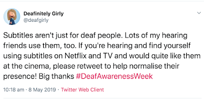 Subtitles aren't just for deaf people. Lots of my hearing friends use them, too. If you're hearing and find yourself using subtitles on Netflix and TV and would quite like them at the cinema, please retweet to help normalise their presence! Big thanks #DeafAwarenessWeek