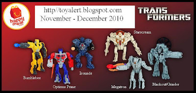 McDonalds Transformers Happy Meal Toys 2010 - Megatron, Bumblebee, Optimus Prime, Ironhide, Blackout (Grindor) and Starscream