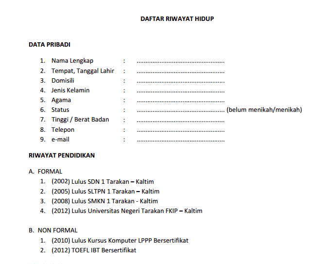 Contoh Surat CV atau Daftar Riwayat Hidup Terbaru  Kumpulan Contoh 