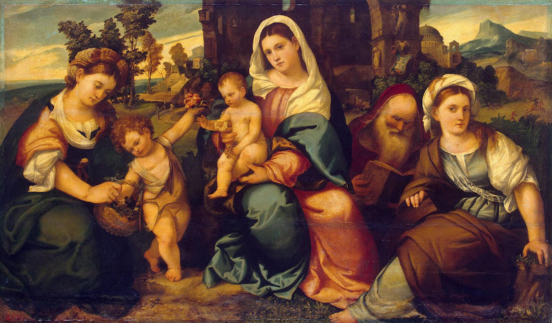 Madonna and Child with St Catherine, St John the Baptist, St Dorotea and St Anthony the Abbot by Bonifazio Veronese - Christianity, Religious Paintings from Hermitage Museum