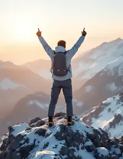 살로몬 등산복을 입고 산 정상에서 두팔을 벌리는 모습