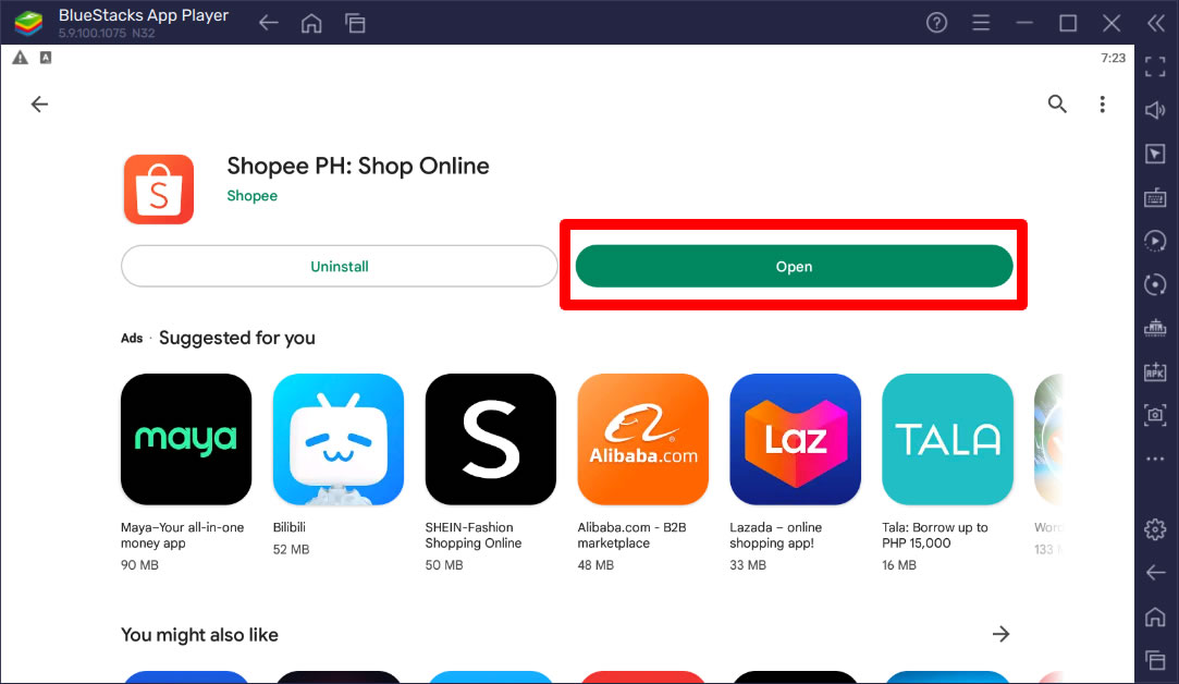 open shopee app via bluestacks