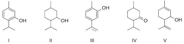 Abaixo são apresentadas cinco fórmulas estruturais de compostos encontrados em diferentes óleos essenciais