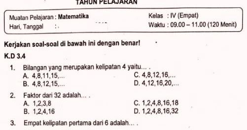 Soal Ulangan Matematika Kelas 4 Semester 2 K 13 Sekolahdasar Net