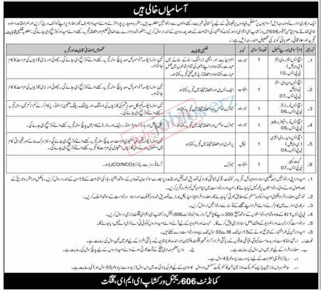 Army 606 Base Workshop EME Cantt Lahore Jobs 2023 in Pakistan