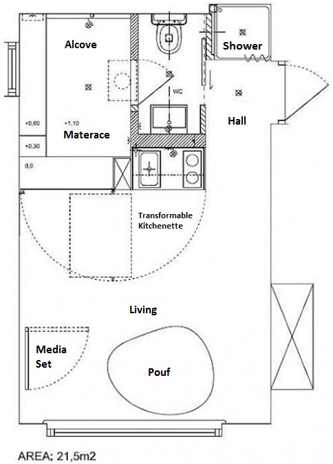 Floors plan of small apartment Tamka 21,5 m2