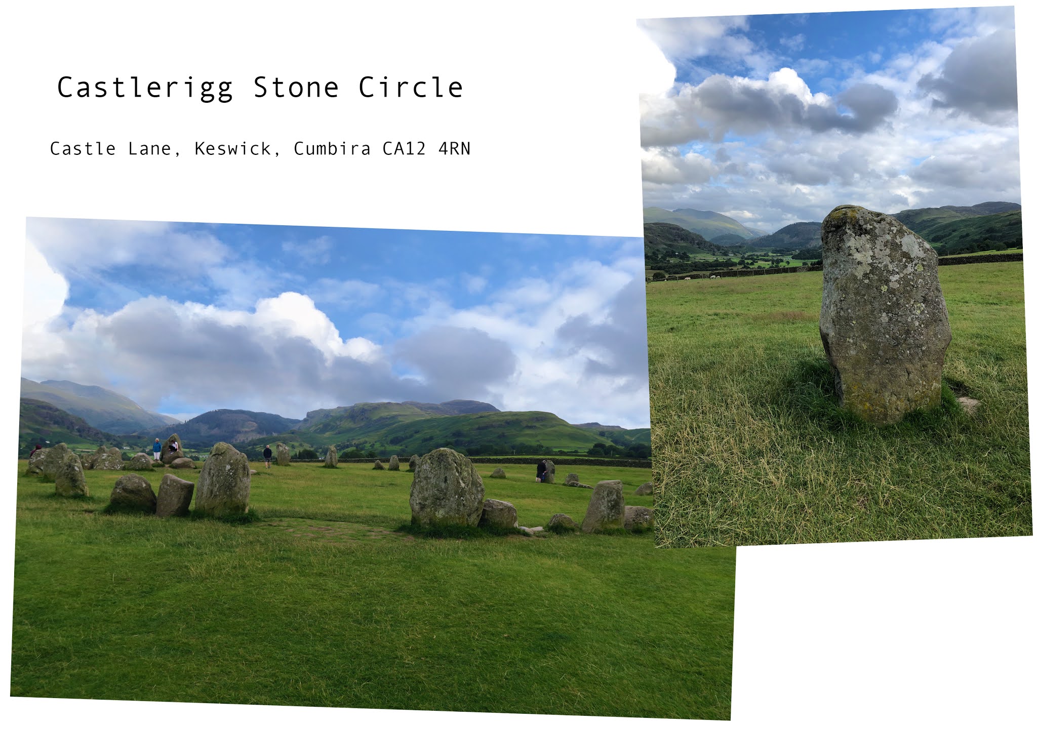 two images. the first image is a shot of the whole stone circle. the second image is a close up shot of one of the stones which is covered in a thin layer of moss. sweeping hills can be seen in the background of both images.