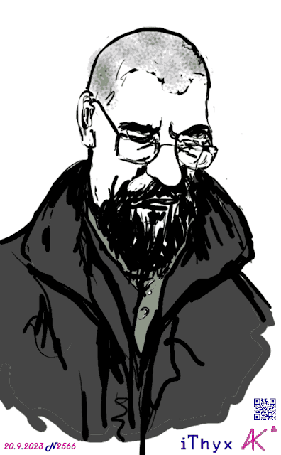 Мужчина в очках, с не обычной внешностью, длинной тёмной бородой и бритой головой, в зелёной ребашке и чёрной куртке. Автор рисунка: художник #iThyx