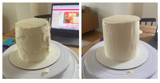 A photo of two stages of a cake being iced, the first shows a roughly iced cake and in the background you can see a laptop with a video tutorial open, in the second photo you can see a cake that is iced fairly smoothly but is still slightly imprefect