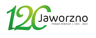 Logo z napisem 120 w kolorze zielonym i Jaworzno prawa miejskie 1901 2021 w kolorze czarnym