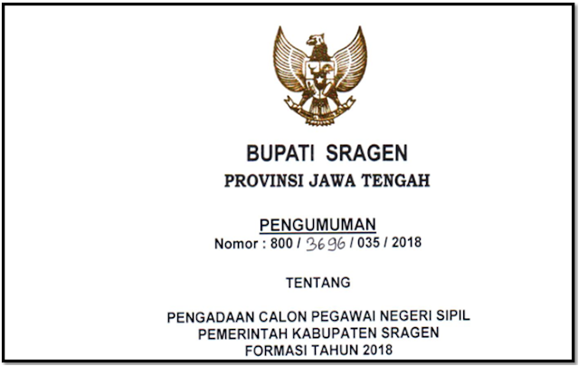 Pengumuman Formasi Penerimaan CPNS Kabupaten Sragen Tahun 2018