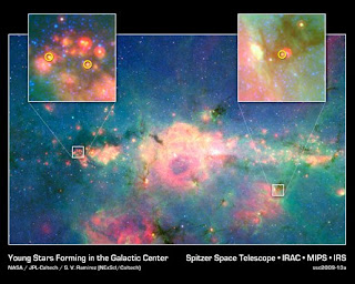 This infrared image from NASA's Spitzer Space Telescope shows three baby stars in the bustling center of our Milky Way galaxy.