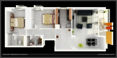 long narrow 2 bedroom 3d floor plan with outdoor lounge