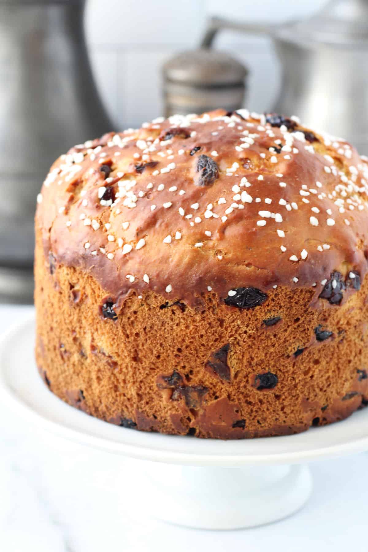 Overnight Panettone on a cake stand.