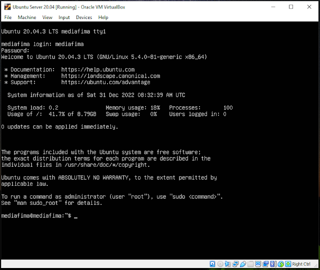 Instalasi ubuntu server di VirtualBox selesai