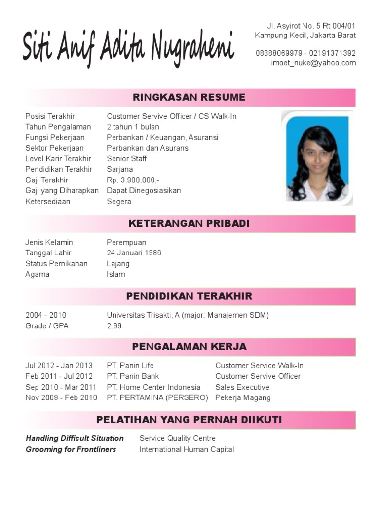 Kumpulan Contoh Curriculum Vitae CV Surat Riwayat Hidup 