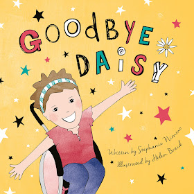 front cover of the book Goodbye Daisy showing a picture of daisy smiling while sat in her wheelchair with her arms outstretched