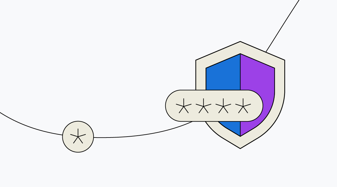 Illustration of a privacy and security sheild in half indigo and half violet, superimposed by a white, rounded, encrypted password box with four black asterisks on the right, and a white circle with a black as asterisk on the left. Elements are connected by a curved line