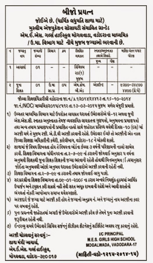 M.E.S Girls High School Mogalvada Secondary /Higher Secondary Principal / Teacher Recruitment 2015