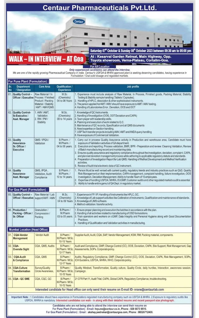 Centaur Pharmaceuticals | Walk-in interview for Multiple Departments on 7th & 8th Oct 2023