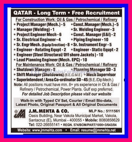 Qatar Oil & Gas Industry Long Term Project Free Recruitment