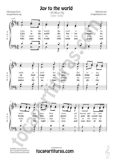 Partitura JPG gratis de Joy to the world Coro a cuatro voces SATB letra en inglés Choral SATB Sheet Music for 4 voice (soprano, alto, tenor, baritone) Al mundo paz