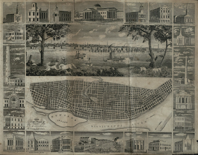 Decorative map of St. Louis in 1845 showing drawings of the waterfront and prominent buildings.