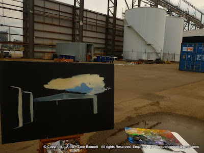 plein air oil painting of the White Bay Transit Shed, White Bay Wharf by industrial and maritime heritage artist Jane Bennett
