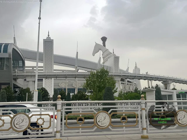 Akhal-Teke horse statue looms over Ashgabat Olympic Stadium at Olympic Complex in Ashgabat, Turkmenistan