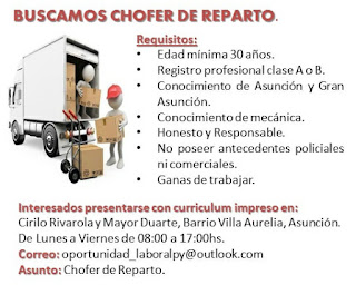 CHOFER DE REPARTO: Bolsa de Trabajo Empleos Paraguay