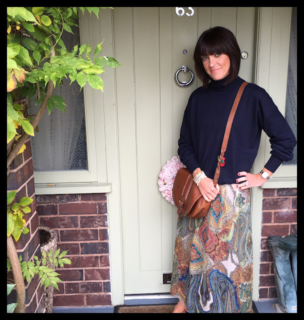 My Midlife Fashion, Clarks Saddle Bag, Knitted Boyfriend Oversized Polo Neck, Zara Paisley Boho Dress