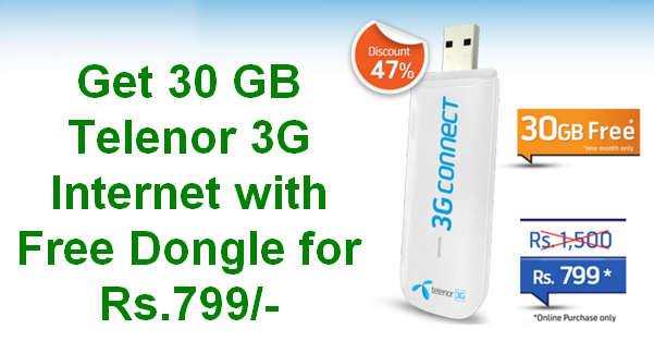 Get 30 GB Telenor 3G Internet with Free Dongle for Rs.799/-