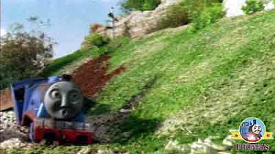 Thomas the tank engine and friends Gordon takes a tumble sliding of broken tracks into a farm field